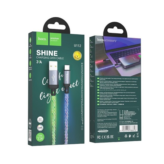 Hoco U112 Shine LED USB 2.0 Cable USB-C male - USB-A male Χρυσό 1m