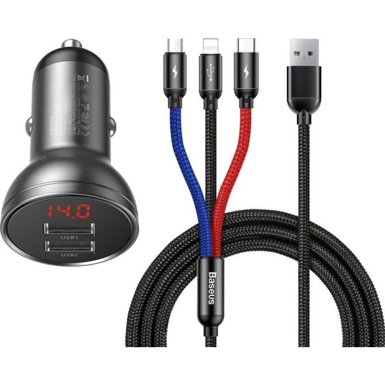 Baseus 24W 2x USB (LCD display) + 3in1 cable TZCCBX-0G Φορτιστής Αυτοκινήτου Black