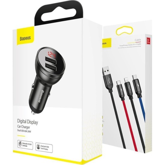 Baseus 24W 2x USB (LCD display) + 3in1 cable TZCCBX-0G Φορτιστής Αυτοκινήτου Black