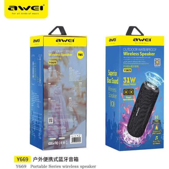 Awei Y669 Αδιάβροχο Ηχείο Bluetooth 30W με 12 ώρες Λειτουργίας Black