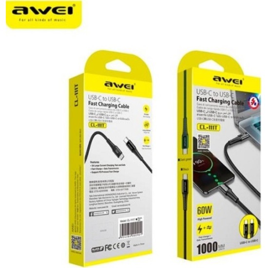 Awei Braided USB 2.0 Cable USB-C male - USB-C male Μαύρο 1m (CL-111T)