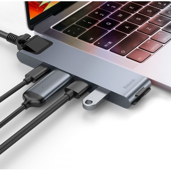 Baseus Docking Station με Διπλό USB-C HDMI 4K PD Ethernet Γκρι (CAHUB-L0G)