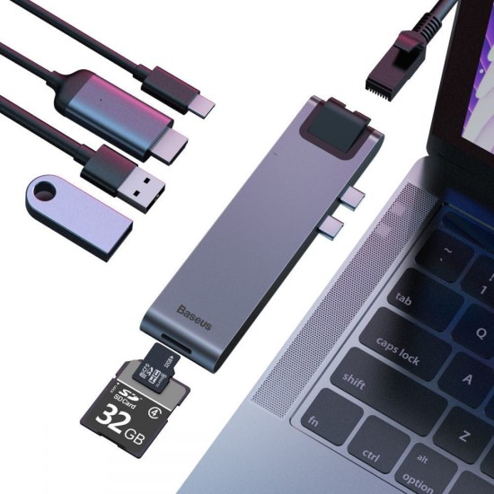 Baseus Docking Station με Διπλό USB-C HDMI 4K PD Ethernet Γκρι (CAHUB-L0G)