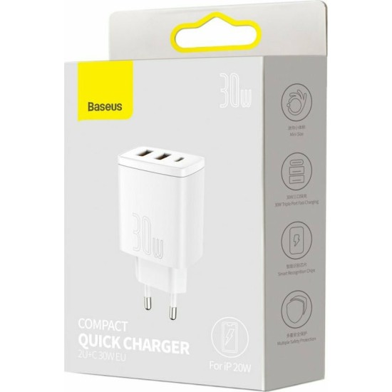 Baseus Φορτιστής Χωρίς Καλώδιο με 2 Θύρες USB-A και Θύρα USB-C 30W Power Delivery Λευκός