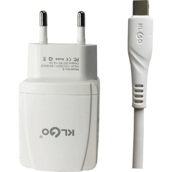 KLGO Φορτιστής με Θύρα USB-A και Καλώδιο USB-C Λευκός (KC-2)
