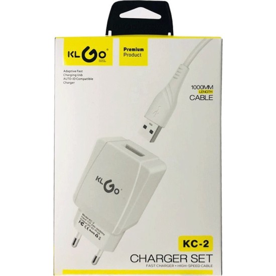 KLGO Φορτιστής με Θύρα USB-A και Καλώδιο USB-C Λευκός (KC-2)